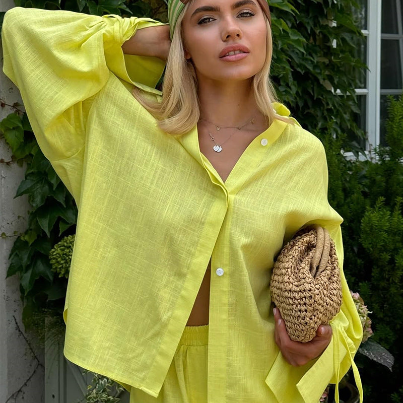 Damen Leichte Leinen-Loungewear-Kombination mit lässiger Short und oversized Hemd Drune