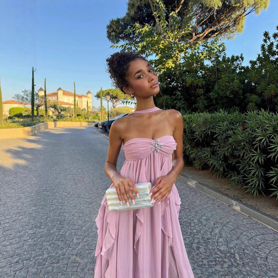 Damen Abendkleid mit fließendem Rock und verspielten Rüschen Drune