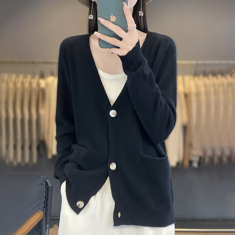 Damen Lässiger Feinstrick-Cardigan mit V‑Ausschnitt, Eingrifftaschen und breitem Rippbund Drune