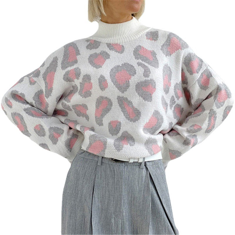 Damen Oversize Rollkragenpullover mit Leo-Jacquard und Rippbündchen Drune