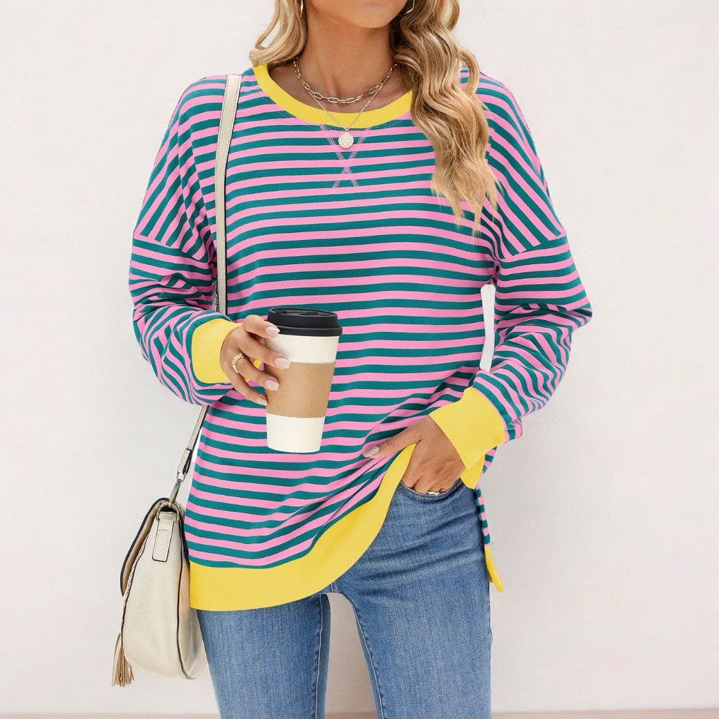 Drune | Locker T-Shirt mit Streifen und langen Ärmeln Lässiger Pullover für Frauen