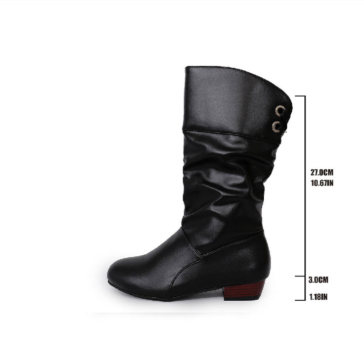 Damen nan midi Stiefel mit gerafftem Schaft, weichem Kunstleder und niedrigem Blockabsatz Drune