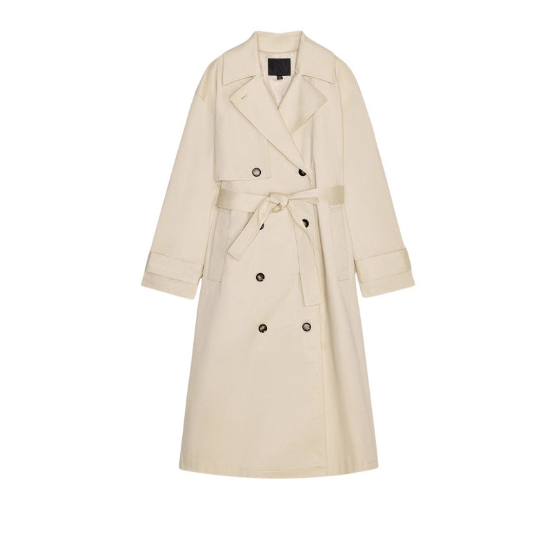Damen Langer Trenchcoat mit doppelreihiger Knopfleiste, Taillengürtel und breitem Revers Drune