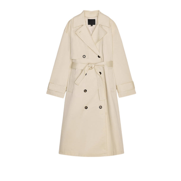 Damen Langer Trenchcoat mit doppelreihiger Knopfleiste, Taillengürtel und breitem Revers Drune