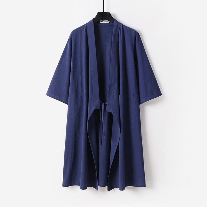 Unisex Oversize Kimono-Mantel aus Baumwollmischung mit Bindeband und Dreiviertelärmeln Drune