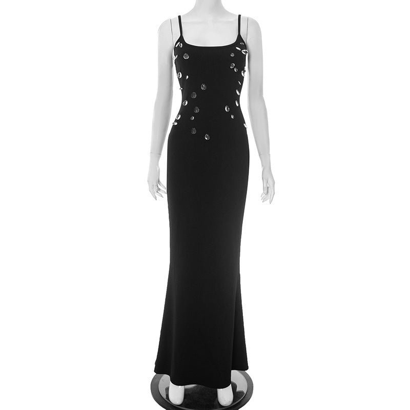 Damen figurbetontes Maxikleid mit schickem Spaghettiträger-Design und elegantem Glitzerakzent Drune