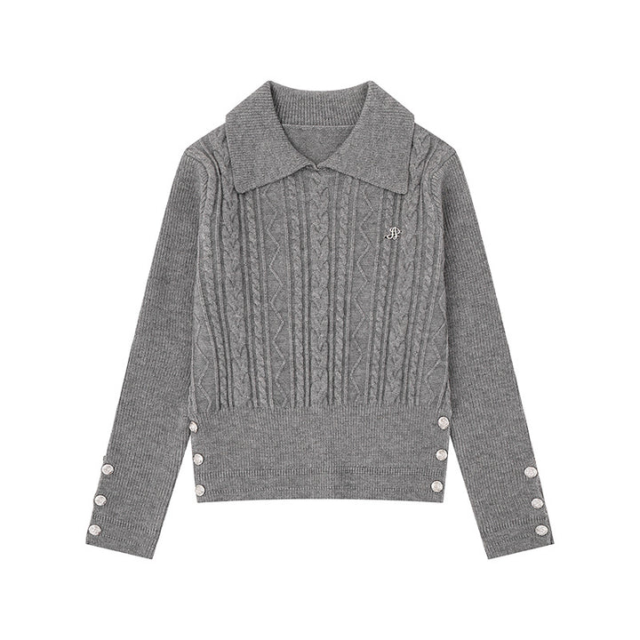 Damen Feinstrick-Polo-Pullover mit Zopfmuster, Zierknopfbesatz und taillierter Passform Drune