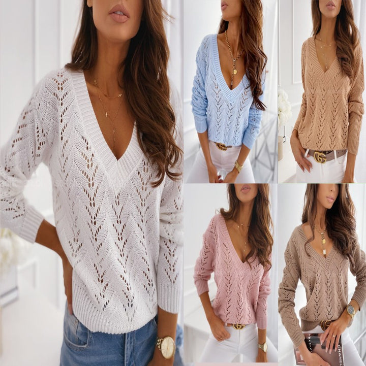 Damen Strickpullover mit Häkelmuster und V-Ausschnitt Drune