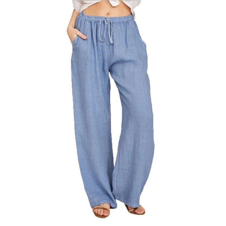 Damen Weite Leinenoptik-Hose mit Gummibund, Tunnelzug und Eingrifftaschen Drune