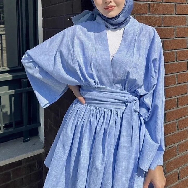 Damen Kimono-Wickelkleid in Leinenoptik mit weitem Rock und Bindegürtel Drune