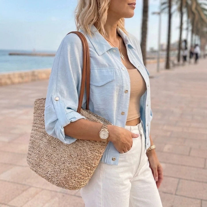 Damen Leichte Chambray-Boxy-Jacke mit Gummibund, Druckknöpfen und aufgesetzten Brusttaschen Drune