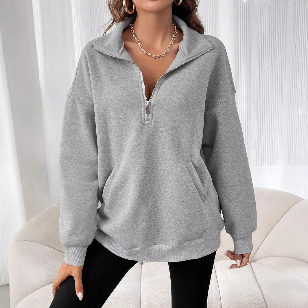 Damen Freizeitlicher Pullover mit kurzem Reißverschluss und Kängurutasche Drune
