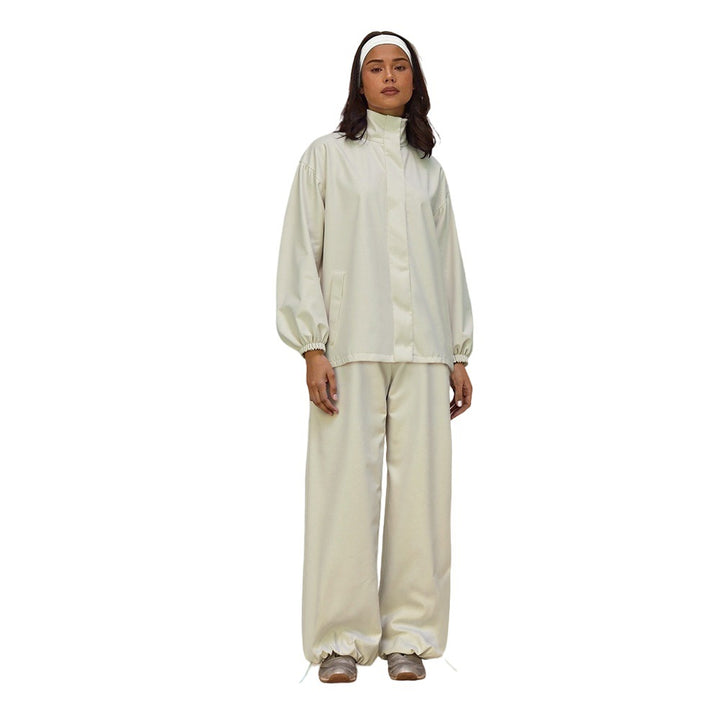 Damen Oversize-Trainingsset mit Stehkragen Ballonärmeln und weiten Kordelhosen Drune