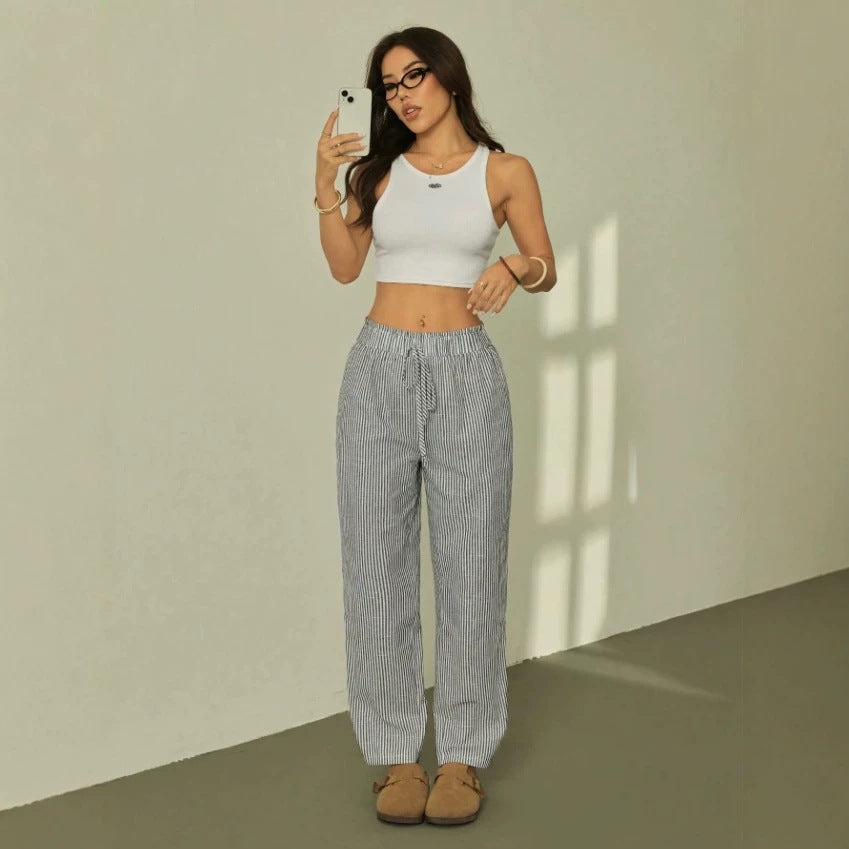Damen Leinenoptik-Relaxhose mit High-Waist, Kordelzug und Nadelstreifen Drune
