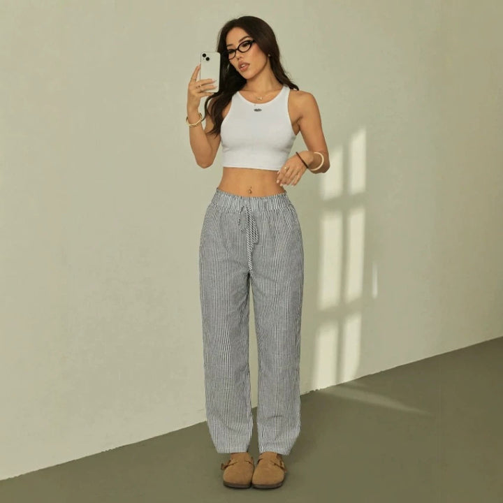 Damen Leinenoptik-Relaxhose mit High-Waist, Kordelzug und Nadelstreifen Drune