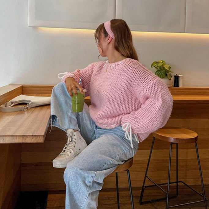 Damen lässiger Strickpullover mit offenen Schultern und Kordelzugdetails Drune