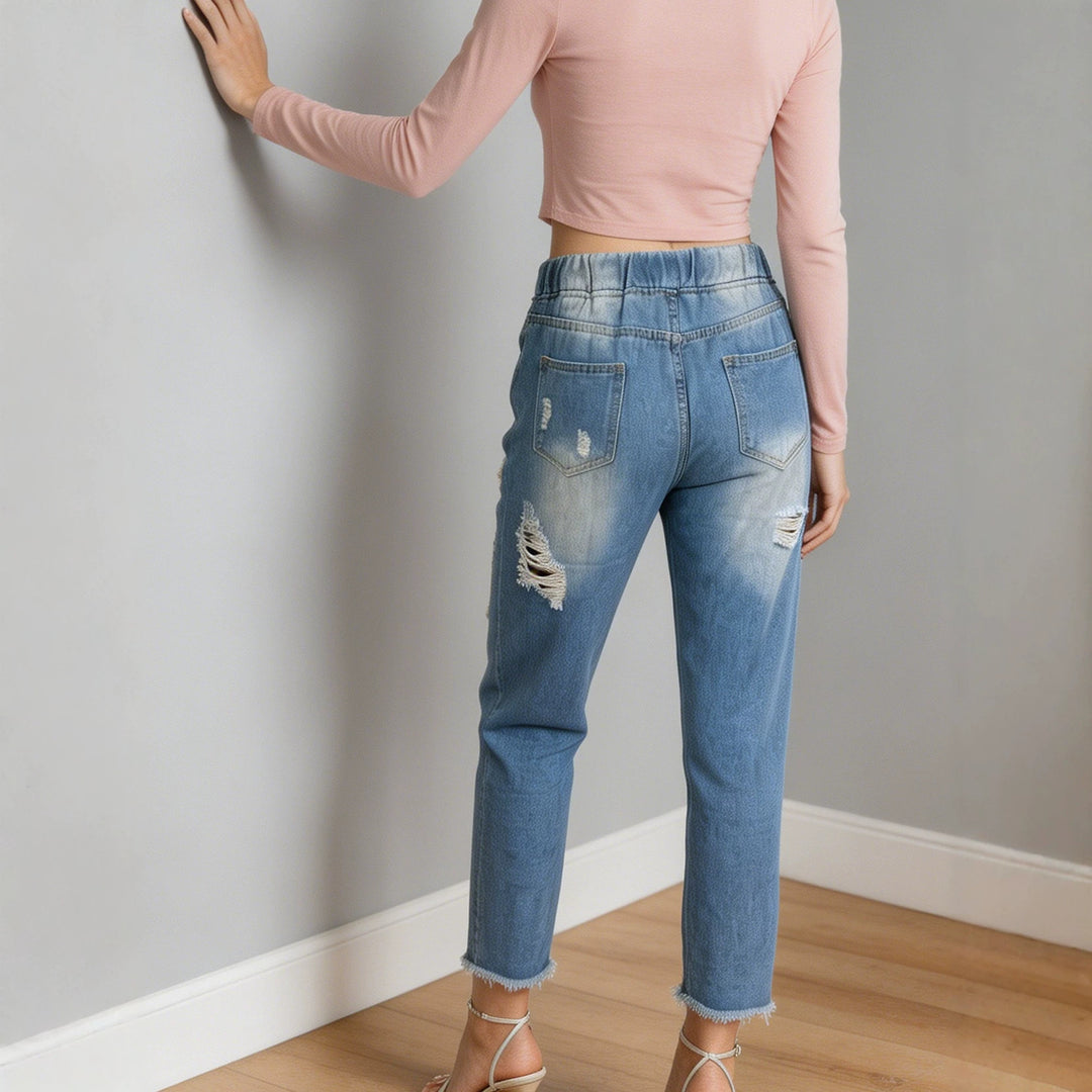Damen nan lockere Destroyed-Denim Jogger mit elastischem Kordelbund und ausgefranstem Knöchelabschluss Drune