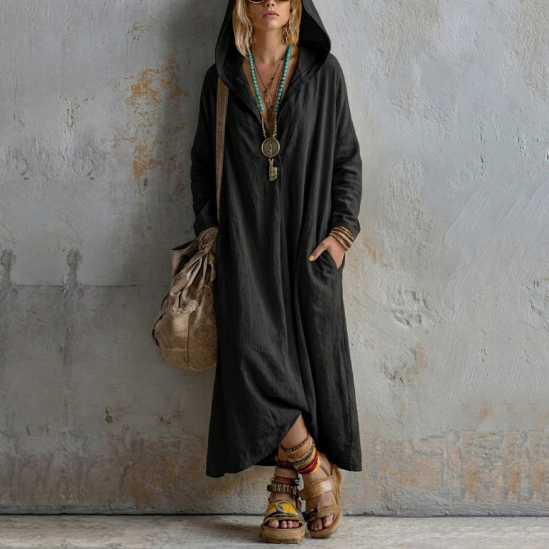 Damen Langes Kapuzenkleid im Boho-Look mit V-Ausschnitt, Eingrifftaschen und lockerem Fall Drune