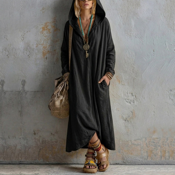 Damen Langes Kapuzenkleid im Boho-Look mit V-Ausschnitt, Eingrifftaschen und lockerem Fall Drune