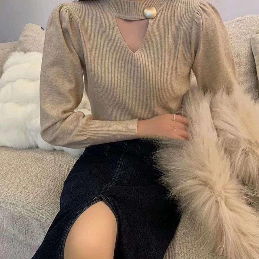 Damen Modischer Pullover mit V-Ausschnitt und dekorativer Knopfleiste Drune