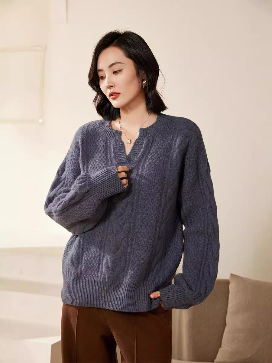 Damen Oversize Zopfstrick-Pullover mit V‑Einsatz und kaschmirähnlicher Weichheit Drune