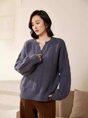 Damen Oversize Zopfstrick-Pullover mit V‑Einsatz und kaschmirähnlicher Weichheit Drune