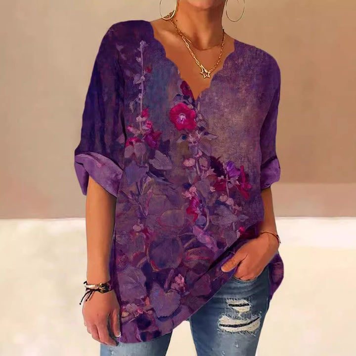 Damen Lockere Bluse mit Welligem V-Ausschnitt und Aquarell Floral Print Drune