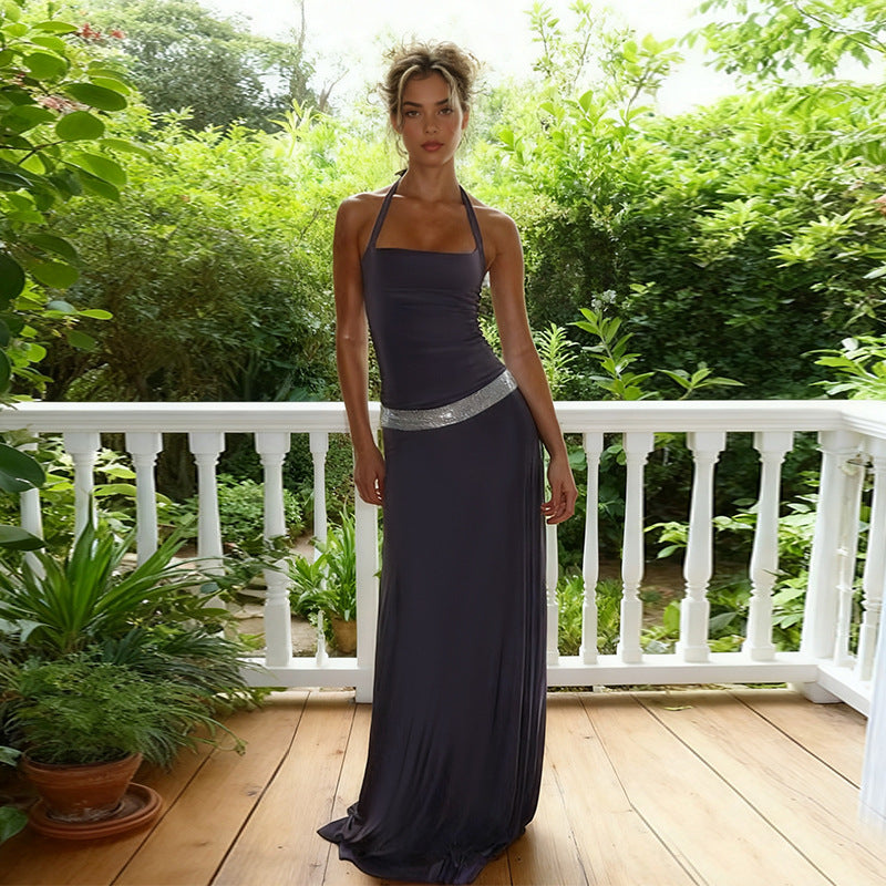Damen Elegantes Maxikleid mit schickem Halterneck und Glitzerakzenten Drune