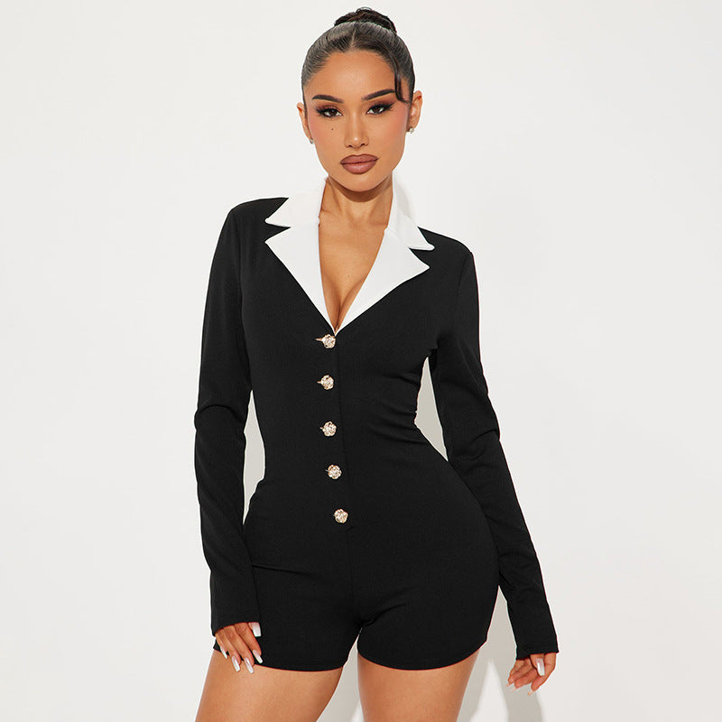 Damen modischer Jumpsuit mit tiefem V-Ausschnitt und eleganter Kragen Drune