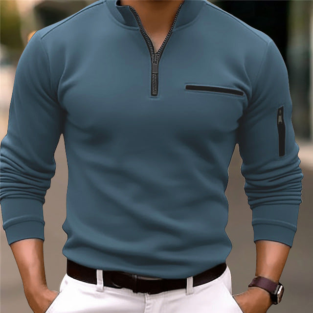 Herren Slim-Fit Pullover mit halbem Reißverschluss, Brust- und Ärmeltasche Drune