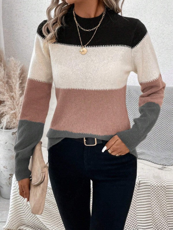 Damen Rundhals Strickpullover mit modernen Farbkombinationen Drune
