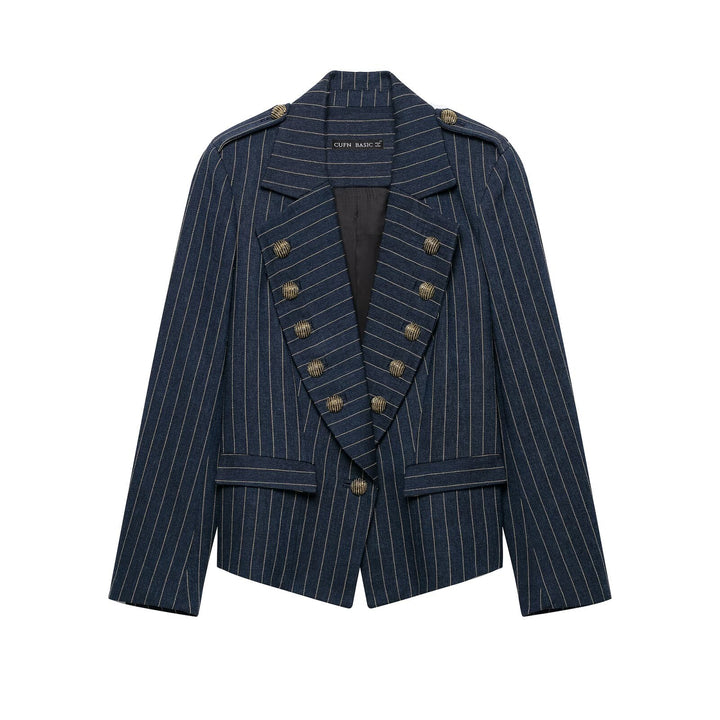 Damen Cropped-Blazer im Nadelstreifen mit doppelseitiger Zierknopfleiste und Schulterriegeln Drune