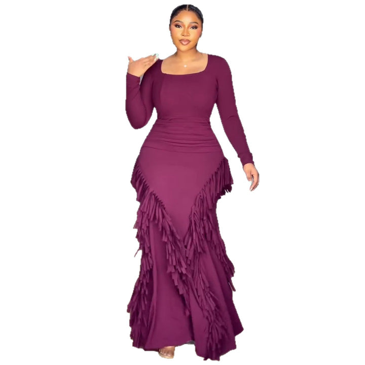 Damen Langarm Maxikleid mit voluminösen Fransen und figurbetontem Schnitt Drune