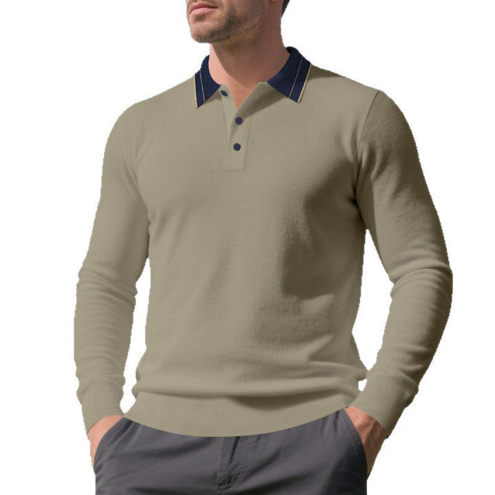 Herren elegantes Langarm-Polohemd mit kontrastierendem Kragen und modischen Knopfdetails Drune