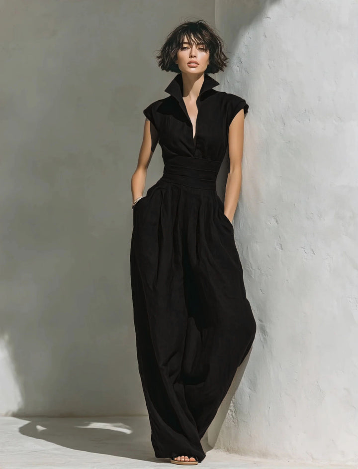 Damen Jumpsuit mit weitem Bein, tailliertem Wickelbund und Stehkragen Drune