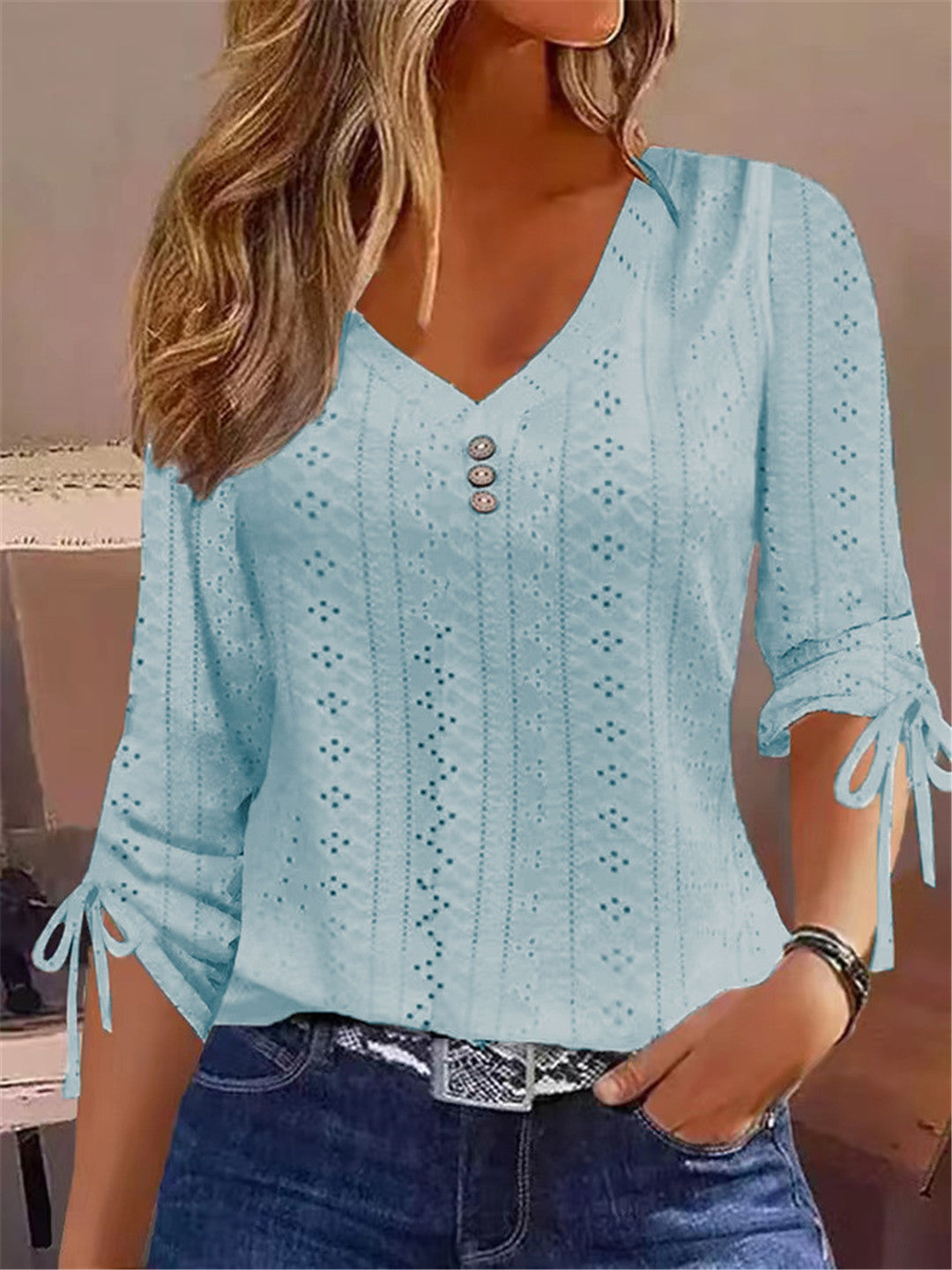 Damen V-Ausschnitt Bluse mit Raffdetails Drune