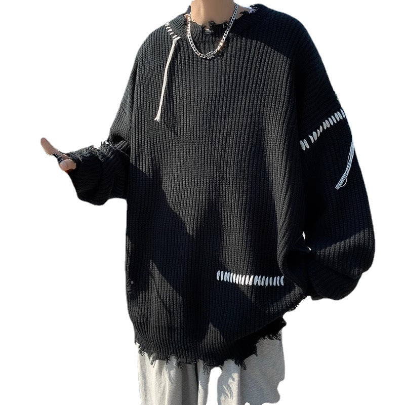 Herren lässiger Strickpullover mit fransigen Abschlüssen und asymmetrischem Design Drune