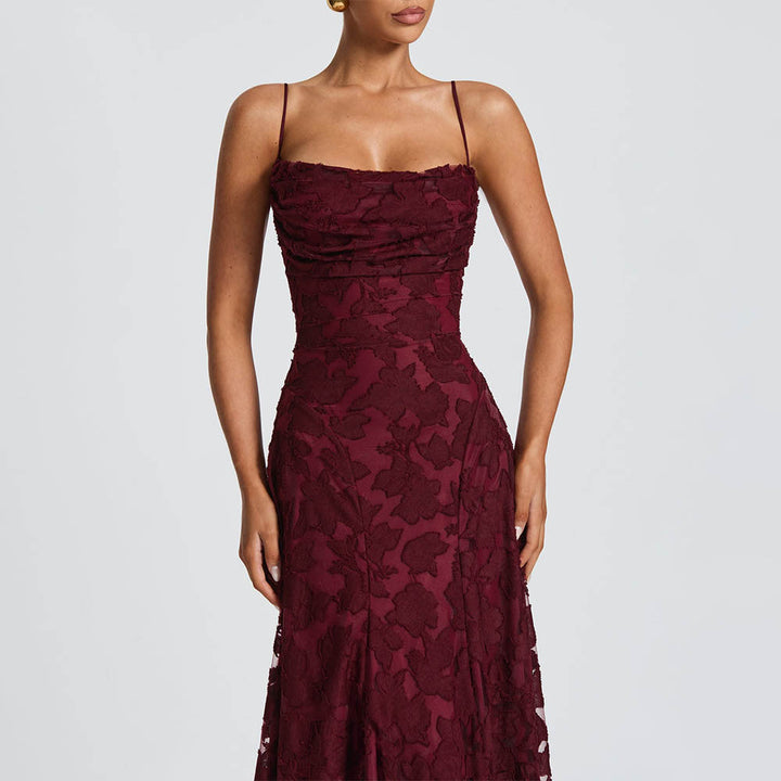 Damen Maxikleid mit floralem Spitzenmuster und schwingendem Rock Drune