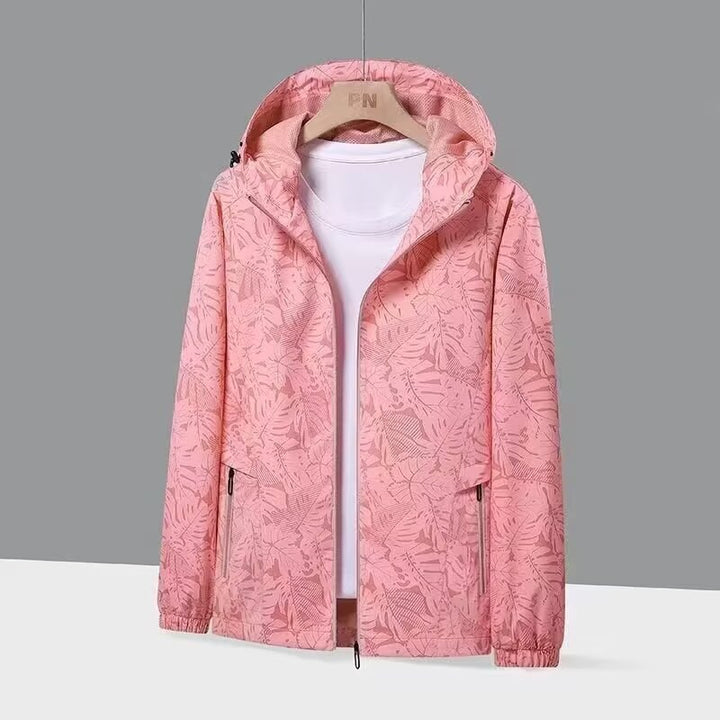 Damen Atmungsaktive Kapuzenjacke mit Trendigem Blätterdruck Drune