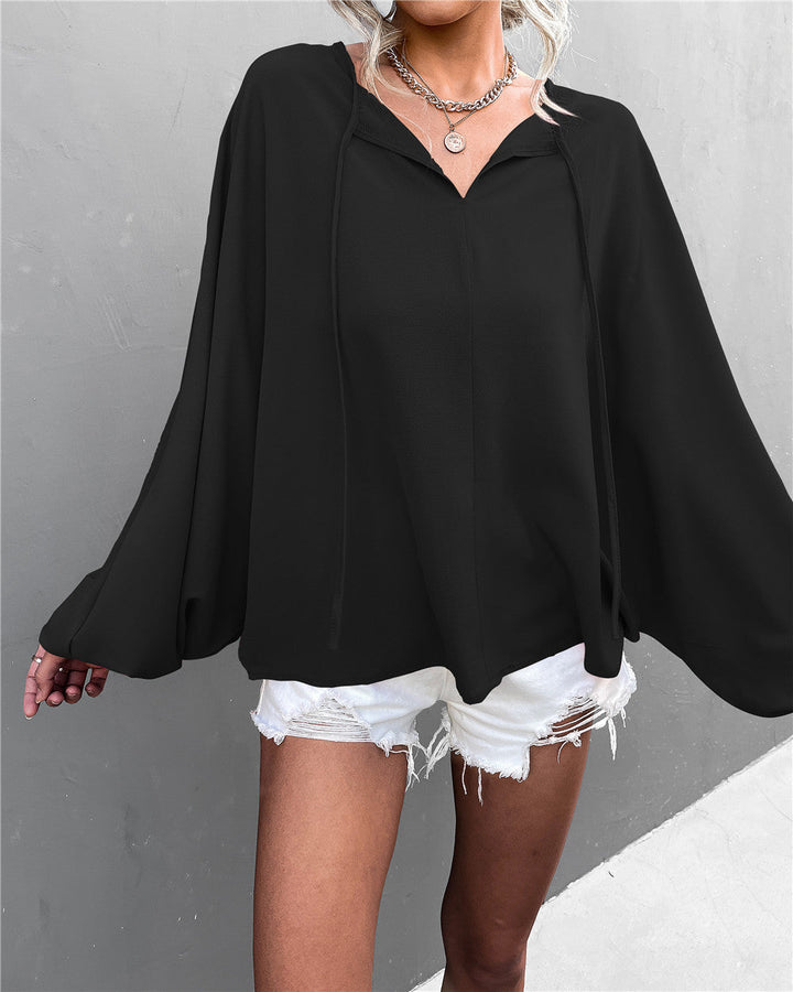 Damen luftiges Blusenshirt mit weiten Ärmeln und modischem Schleifendetail Drune