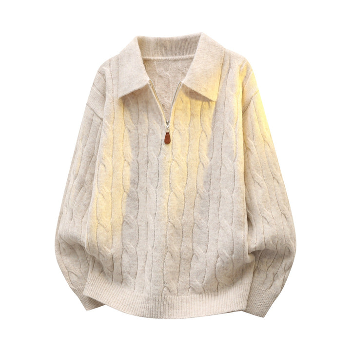 Unisex Oversize-Zopfmuster-Pullover mit Halbreißverschluss und Hemdkragen Drune