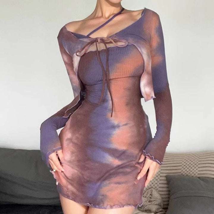Damen Figürliches geripptes Minikleid mit Cut-Out-Bindung und Bolero-Detail Drune