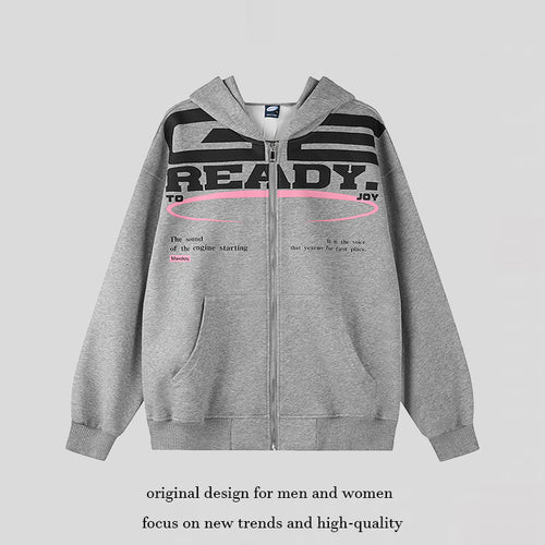 Damen Kapuzen-Sweatjacke mit durchgehendem Reißverschluss, Oversize-Schnitt und Statement-Frontprint Drune
