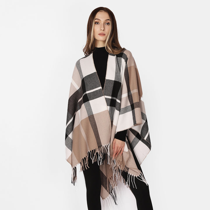 Damen Oversize-Karoponcho aus weichem Wollmix mit Fransensaum Drune