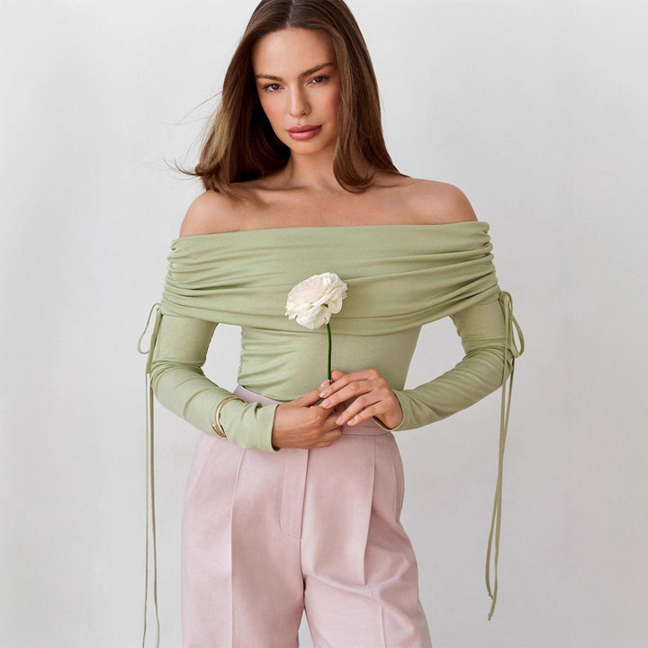 Damen Off-Shoulder Bluse mit Raffungen und langen Ärmeln Drune