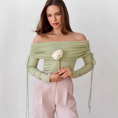 Damen Off-Shoulder Bluse mit Raffungen und langen Ärmeln Drune