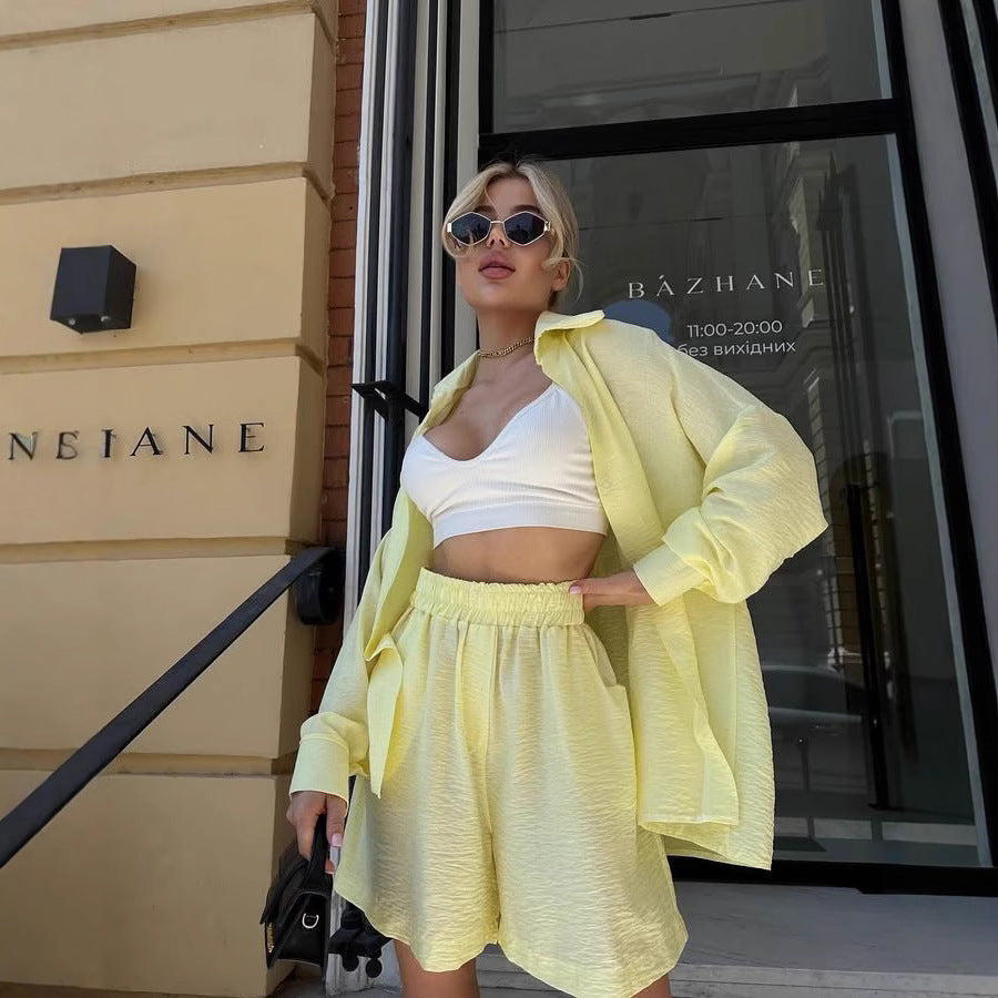 Damen Zweiteiliges texturiertes Loungewear‑Set mit Oversized‑Hemd und elastischer Taillen‑Shorts Drune