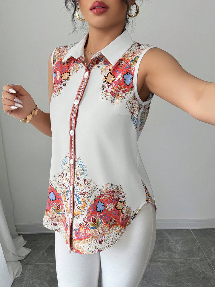 Damen Ärmellose Hemdbluse mit Kentkragen, A-Linien-Silhouette und durchgehender Knopfleiste Drune