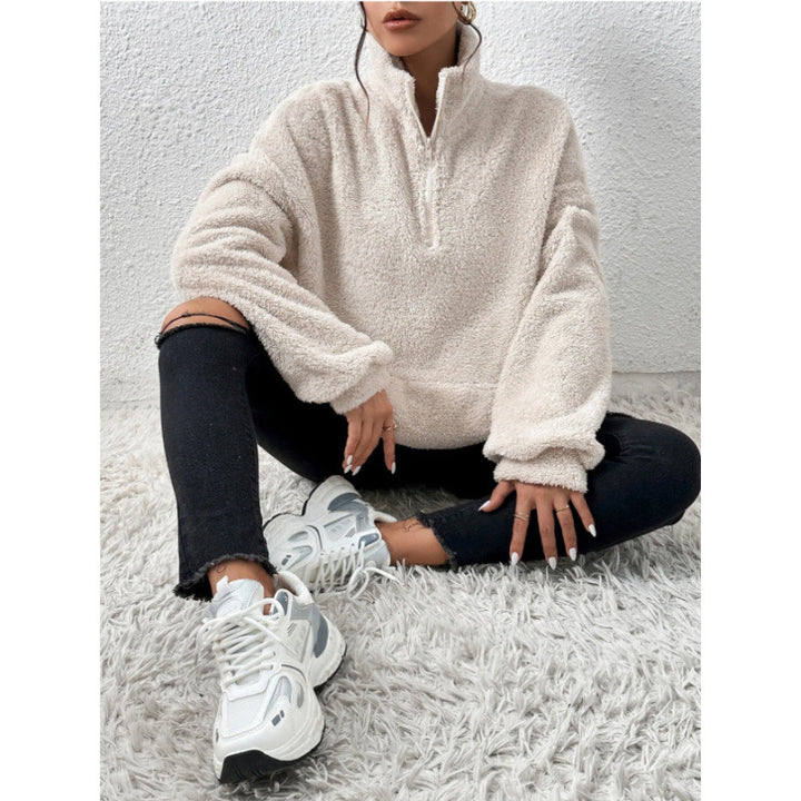 Damen Flauschiger Teddy-Pullover mit halbem Reißverschluss und Kängurutasche Drune