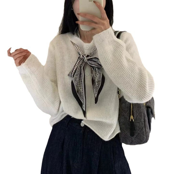 Damen lässige Strickjacke mit dekorativem Halstuch Drune